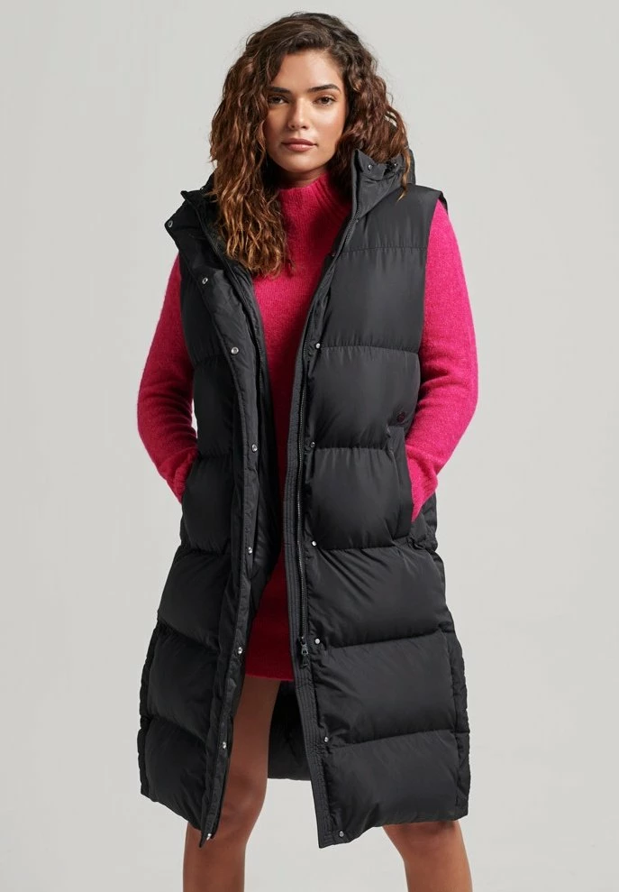 Superdry LONGLINE PADDED - Waistcoat - Black 1 Superdry LONGLINE PADDED - Waistcoat - Black