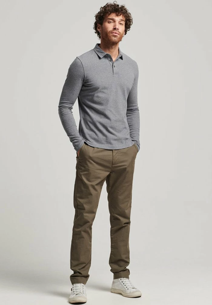 Superdry LONG SLEEVE - Polo Shirt - Mid Grey Marl 1 Superdry LONG SLEEVE - Polo Shirt - Mid Grey Marl