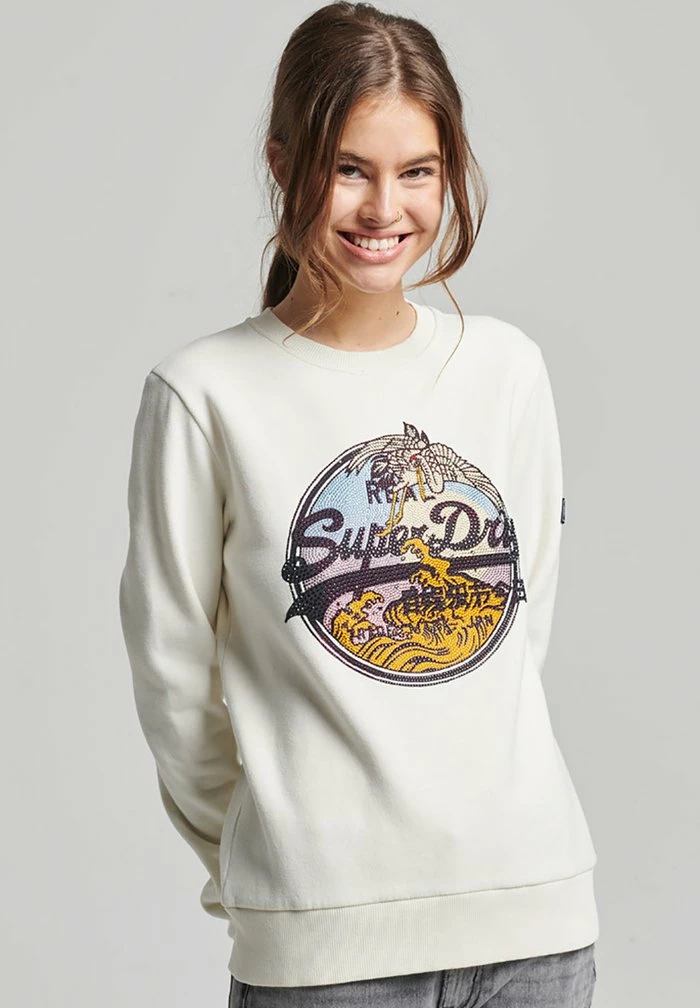 Superdry VINTAGE LOGO NARRATIVE RHINESTONE CREW - Sweatshirt - Ecru 1 Superdry VINTAGE LOGO NARRATIVE RHINESTONE CREW - Sweatshirt - Ecru