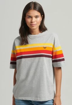Superdry CALI STRIPE - Print T-shirt - Light Grey Marl