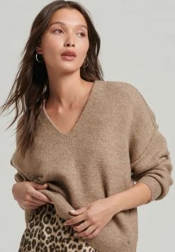 Superdry OVERSIZED V NECK - Jumper - Deep Camel Marl
