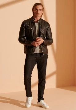 Superdry SPORTS RACER - Leather Jacket - Chocolate