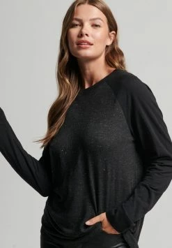 Superdry STUDIOS BASEBALL - Long Sleeved Top - Black Metallic