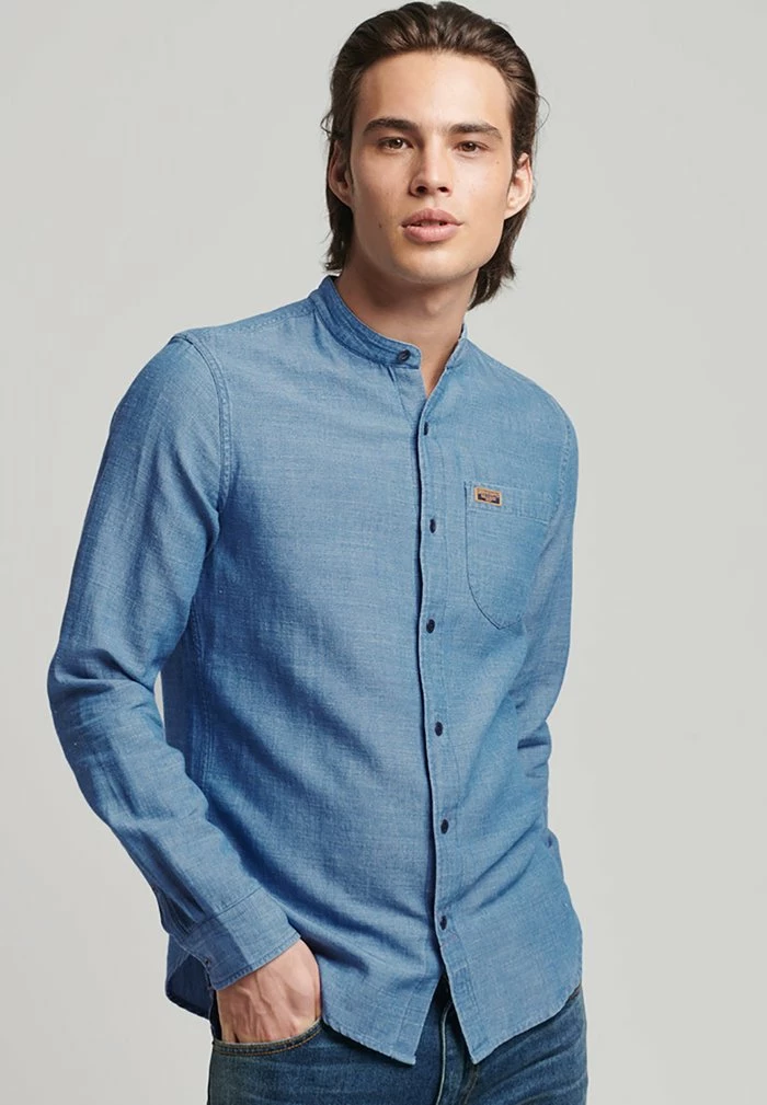 Superdry VINTAGE GRANDAD - Shirt - Indigo Slub Herringbone 1 Superdry VINTAGE GRANDAD - Shirt - Indigo Slub Herringbone