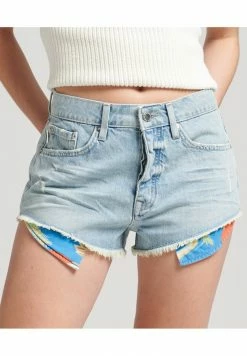 Superdry VINTAGE RISE CUT OFF - Denim Shorts - Light Indigo Vintage
