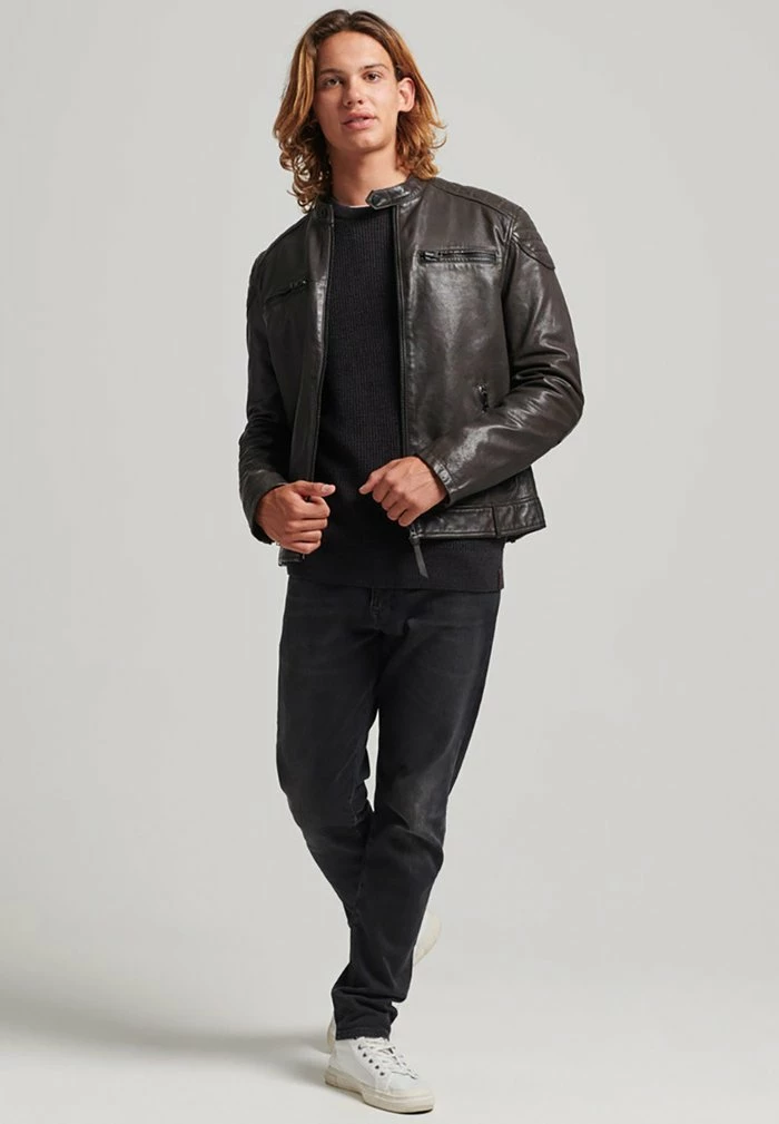 Superdry MOTO RACER - Leather Jacket - Anthracite 1 Superdry MOTO RACER - Leather Jacket - Anthracite
