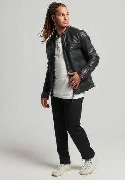 Superdry RACER - Leather Jacket - Black -Superdry Shop 58d656a88bf74b92acc68f895b91ed03