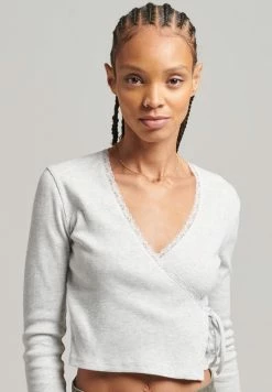 Superdry WRAP OVER - Long Sleeved Top - Glacier Grey Marl
