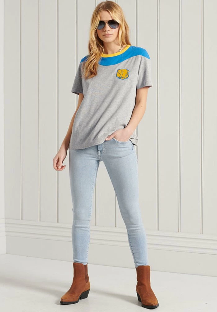 Superdry COLLEGIATE - Print T-shirt - Grey Marl/blue 1 Superdry COLLEGIATE - Print T-shirt - Grey Marl/blue