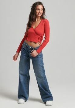 Superdry WRAP OVER - Long Sleeved Top - Papaya Red Marl