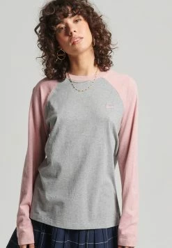 Superdry VINTAGE BASEBALL 3/4 SLEEVED - Long Sleeved Top - Grey Marl La Soft Pink Marl
