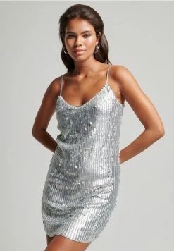 Superdry SPARKLY CAMI MINI - Cocktail Dress / Party Dress - Matt Silver Sequin