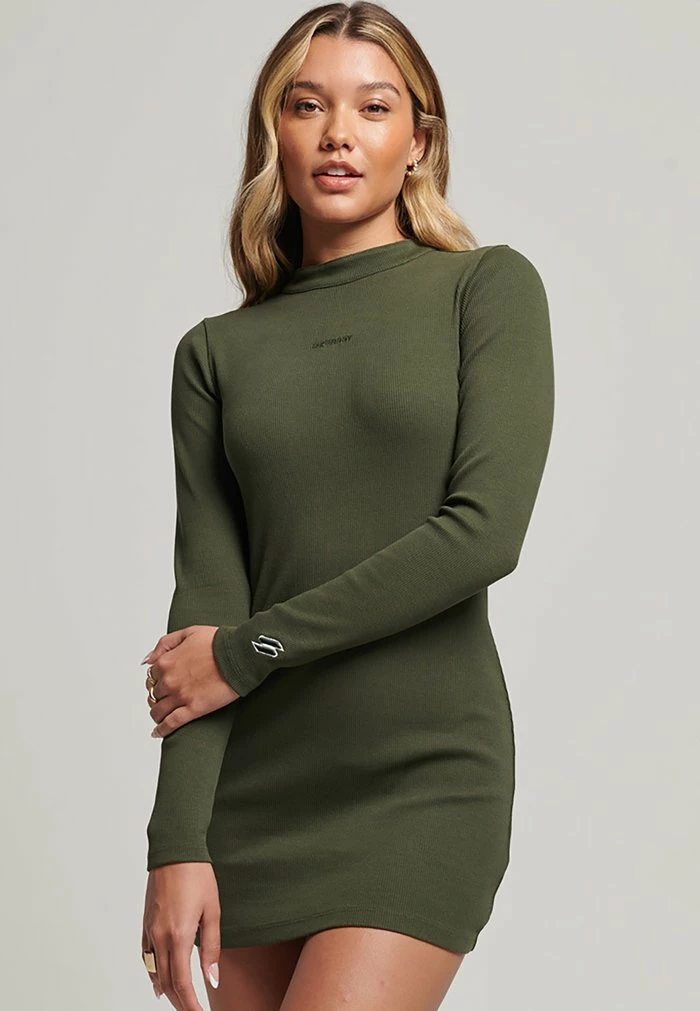 Superdry LOGO RIB BODYCON - Shift Dress - Dark Moss 1 Superdry LOGO RIB BODYCON - Shift Dress - Dark Moss