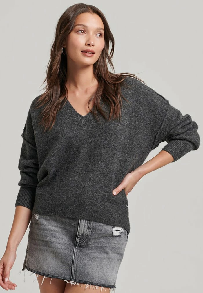 Superdry OVERSIZED V NECK - Jumper - Black Marl 1 Superdry OVERSIZED V NECK - Jumper - Black Marl