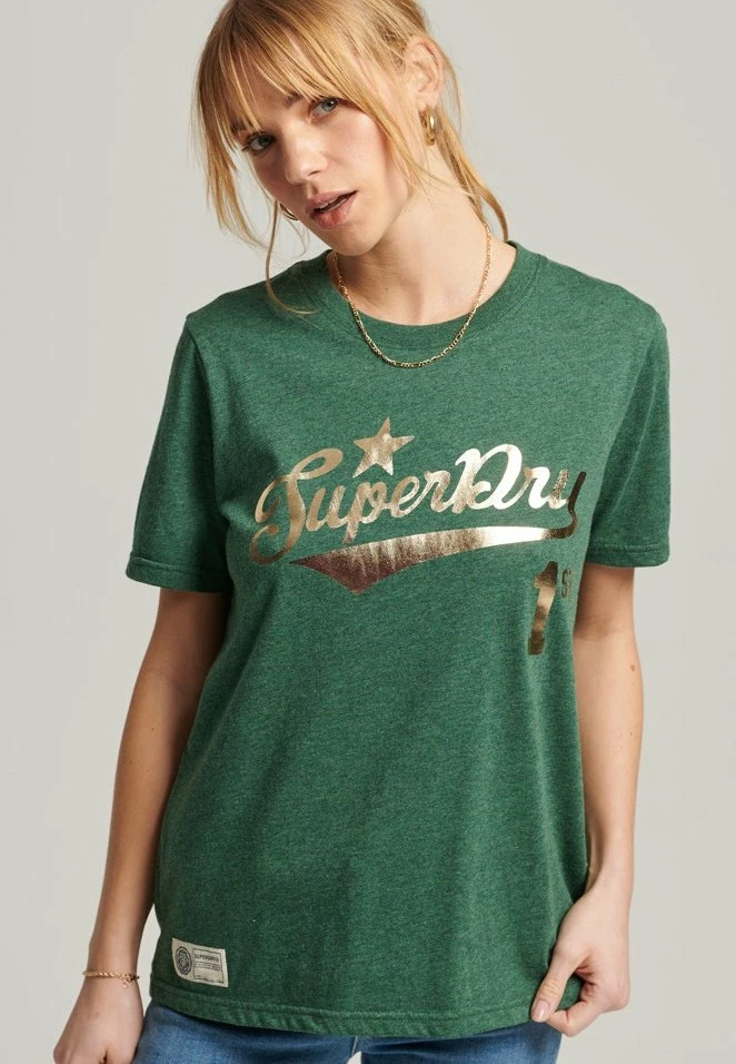 Superdry VINTAGE SCRIPT STYLE COLLEGE - Print T-shirt - Heritage Pine Green Marl 1 Superdry VINTAGE SCRIPT STYLE COLLEGE - Print T-shirt - Heritage Pine Green Marl