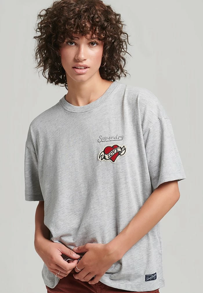 Superdry LOOSE FIT - Print T-shirt - Grey Marl 1 Superdry LOOSE FIT - Print T-shirt - Grey Marl