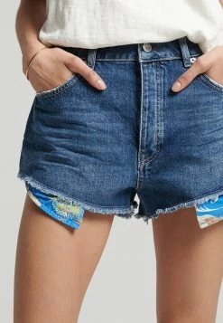 Superdry VINTAGE RISE CUT OFF - Denim Shorts - Madison Mid Blue